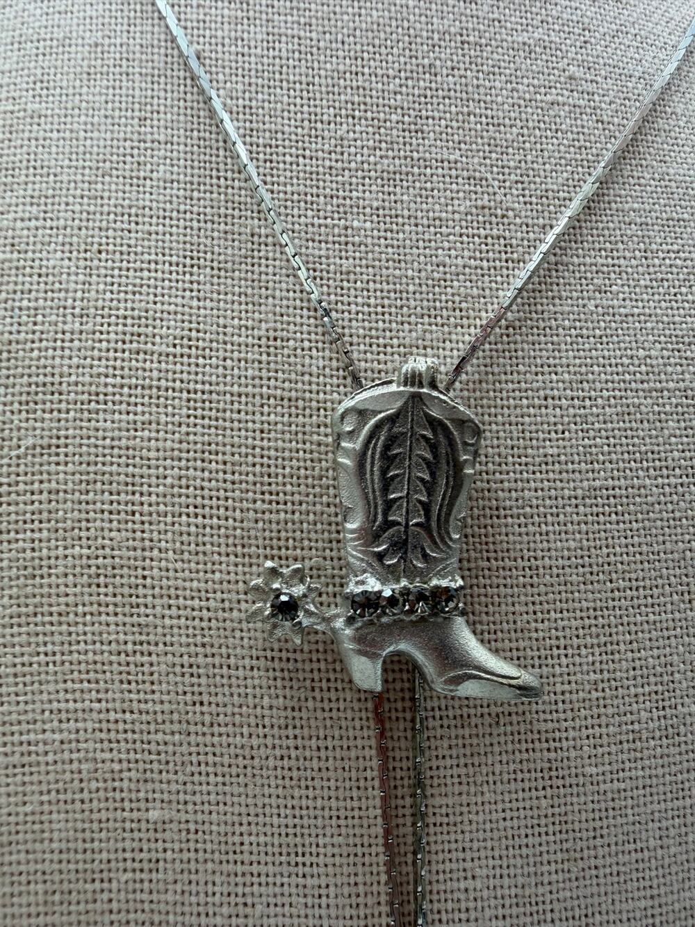 Nice Vintage Clear Rhinestone and Silver Tone Cowboy Spur Boot Slider Pendant
